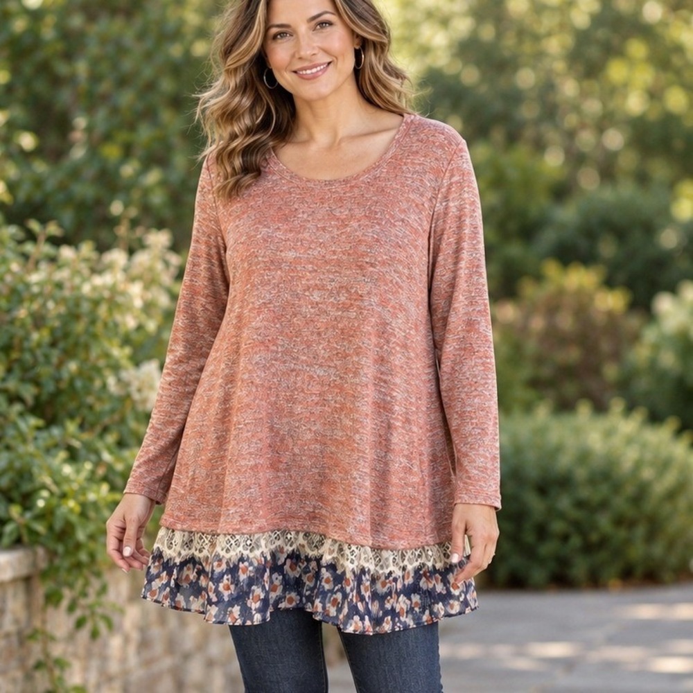 LOGO Lori Goldstein Orange Space Dye Tunic Top Lace Floral Layered Hem Sz Large